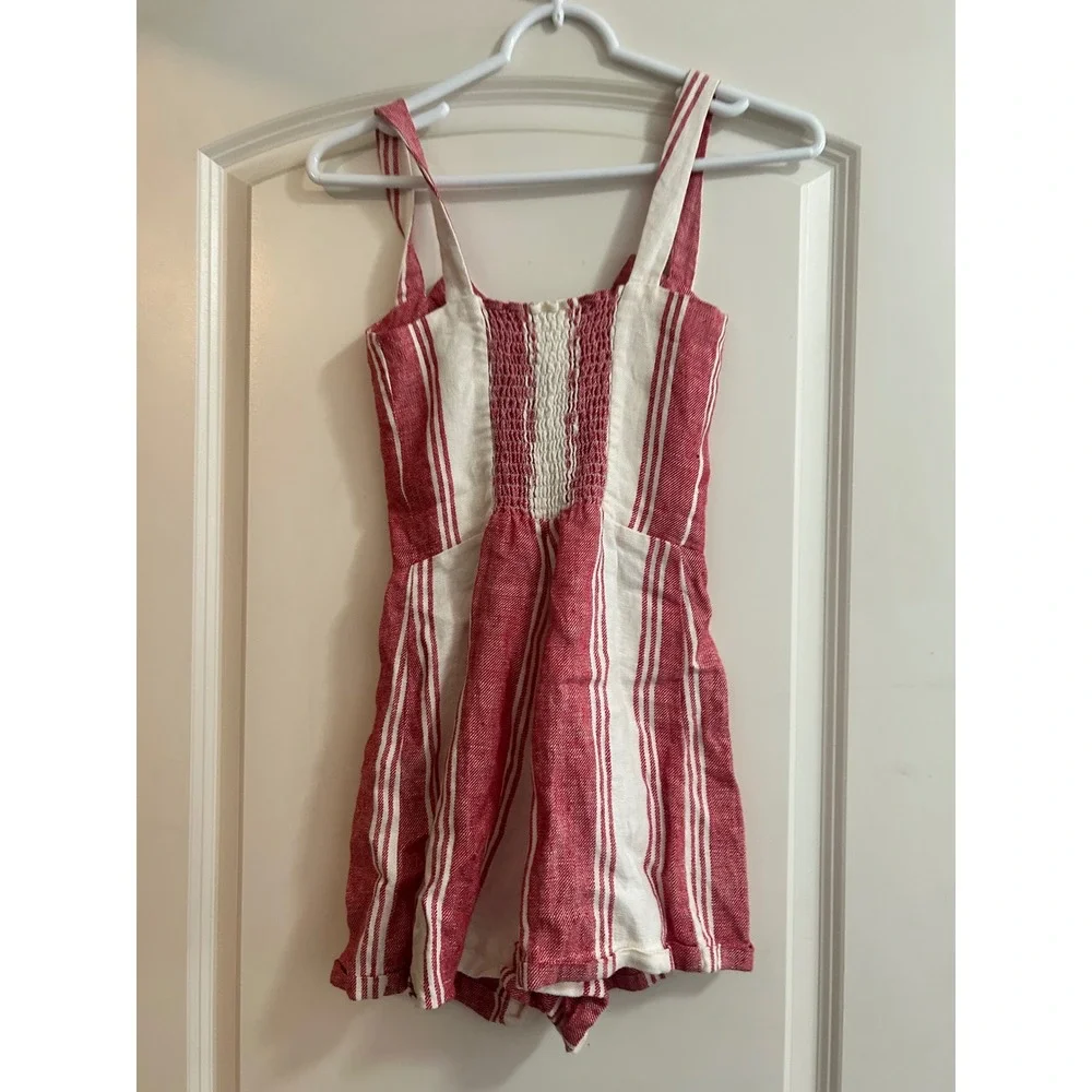 Reformation Red White Striped Linen Romper Button Front Smocked Back Size 0